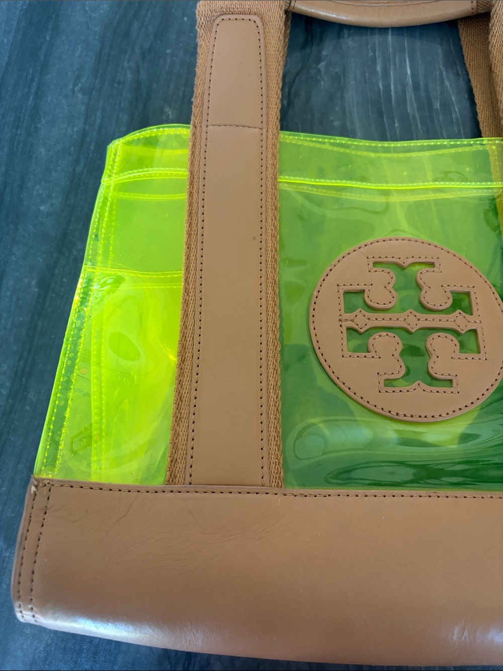 Tory Burch Neon Yellow Clear Tote with Tan Trim - Picture 5 of 11
